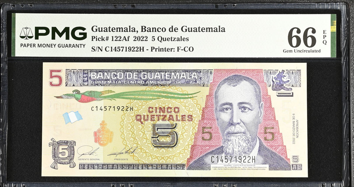 Guatemala 5 Quetzales 2022 P 122Af Gem UNC PMG 66 EPQ
