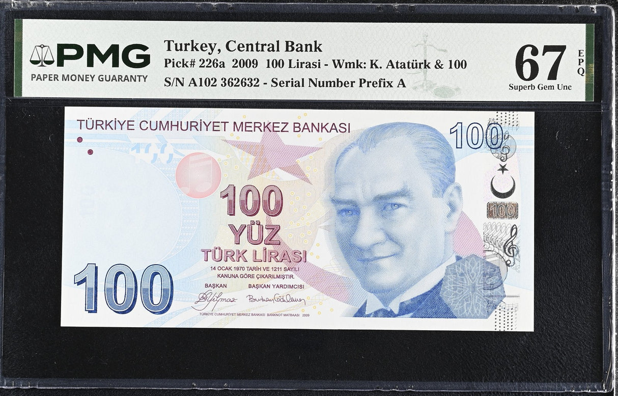 Turkey 100 Lira 2009 P 226 a Prefix A Superb Gem UNC PMG 67 EPQ