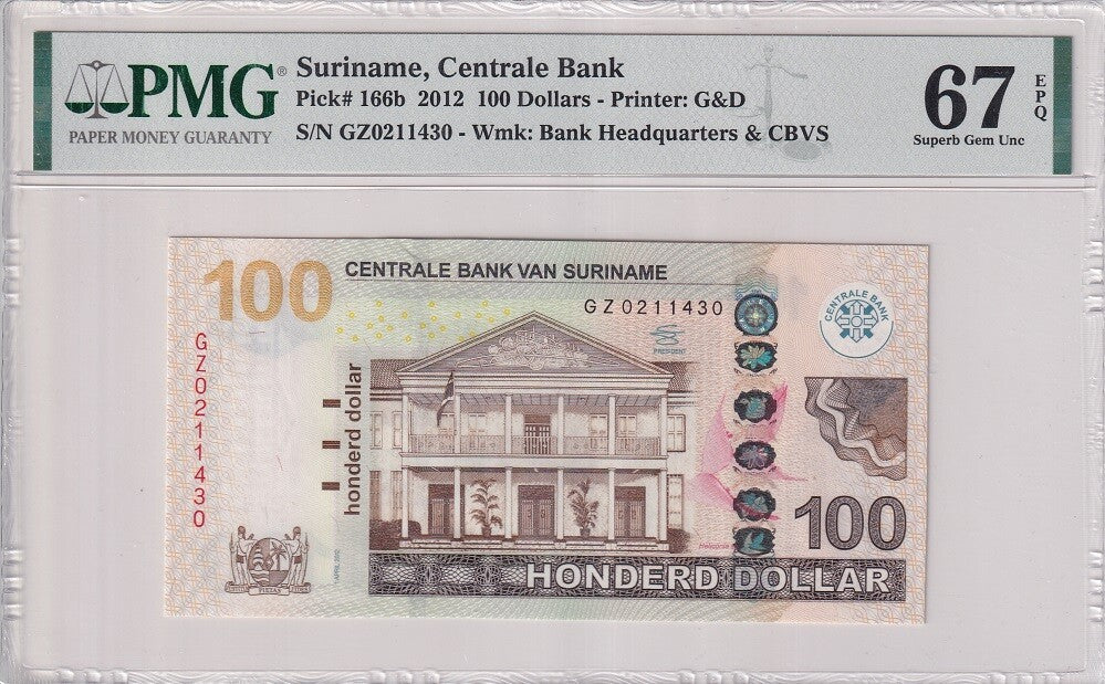 Suriname 100 Dollars 2012 P 166 b Superb Gem UNC PMG 67 EPQ
