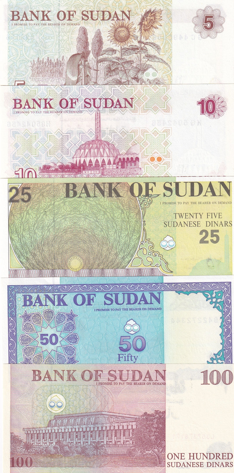 Sudan SET 5 UNC 5 10 20 50 100 Dinars 1992-1998 P 51 52 53 54 56