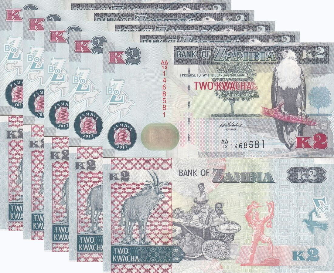 Zambia 2 Kwacha 2012/2013 P 49 "AA" PREFIX UNC LOT 5 PCS