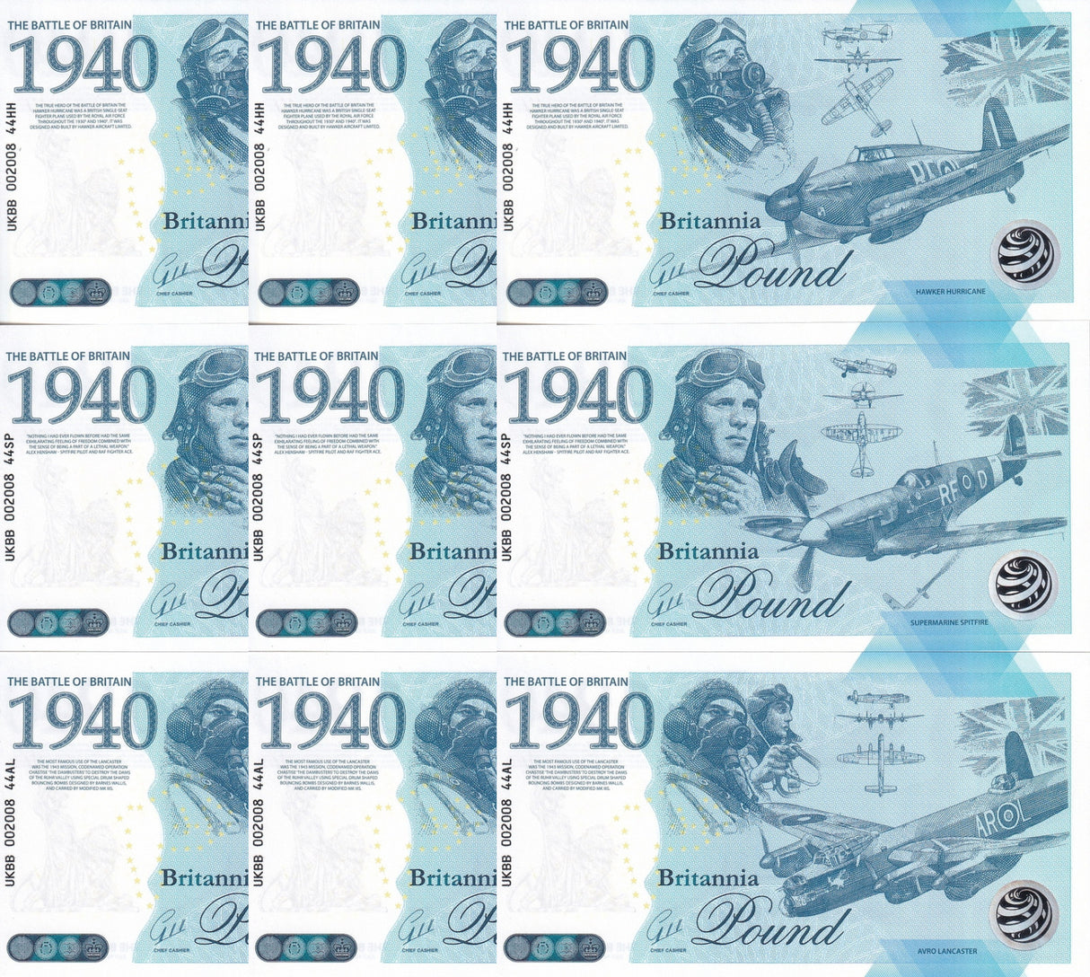 Set 3x LOT 3 = 9 pcs Battle of Britain 1940 Comm.2023 Britannia Pound Test Note