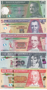 Guatemala Set 5 UNC 1 5 10 20 50 Quetzales 2012 - 2022 P P 115 122 123 124 125