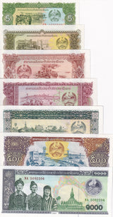 Laos Set 7 Pcs 5 10 20 50 100 500 1000 KIP 1979-2020 P 26 27 28 29 30 31 32 UNC