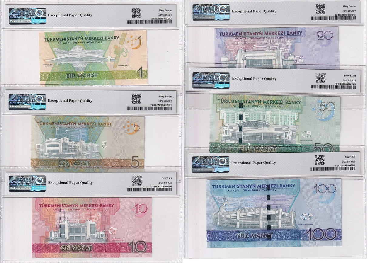 Turkmenistan Set 6, 1 5 10 20-100 Manat 2017 P 36 -41 Gem UNC PMG 66 67 68 EPQ