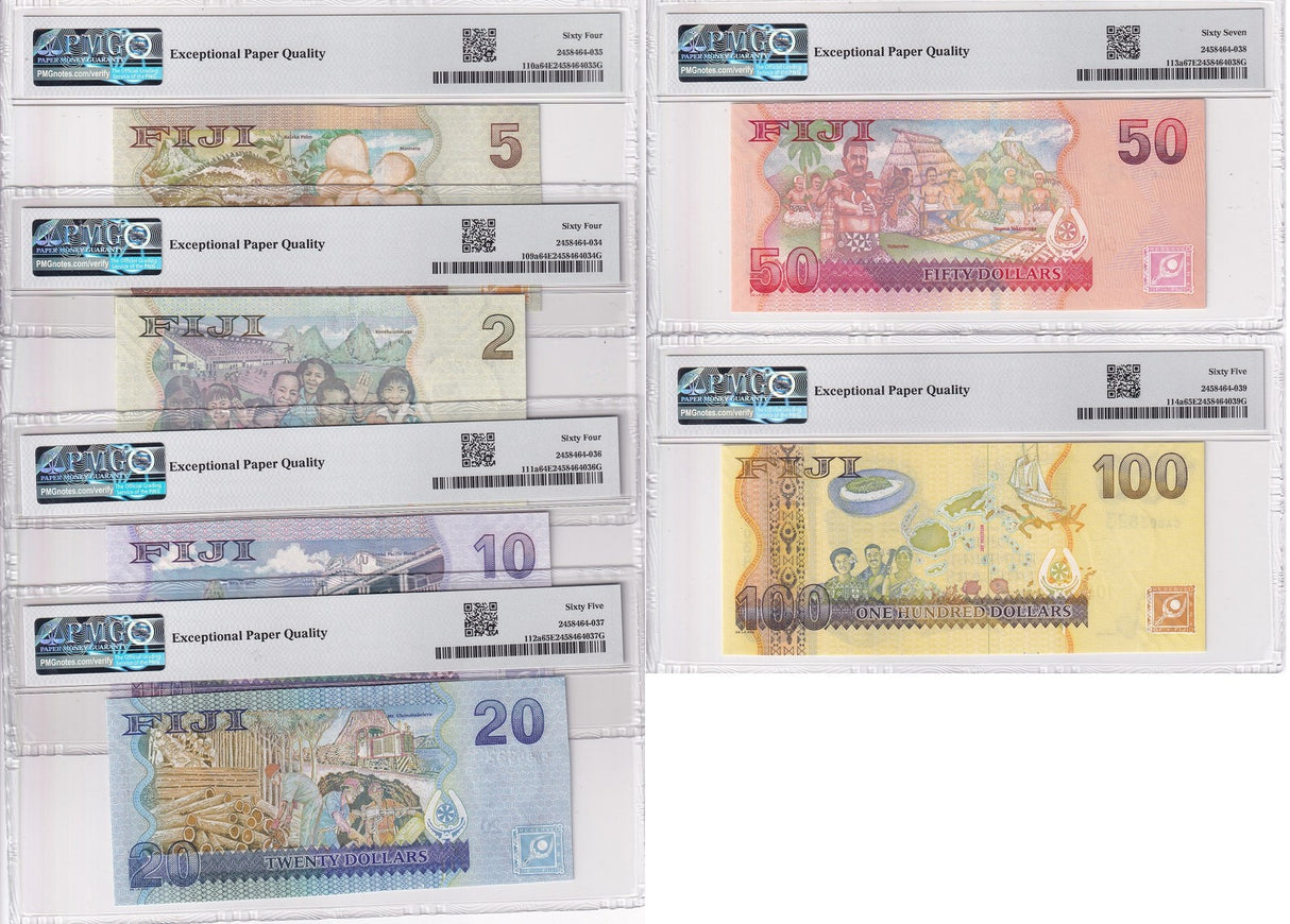 Fiji SET 5; 2 5-100 Dollar 2007 Matching P 109-P114 Gem UNC PMG 64 65 67 EPQ