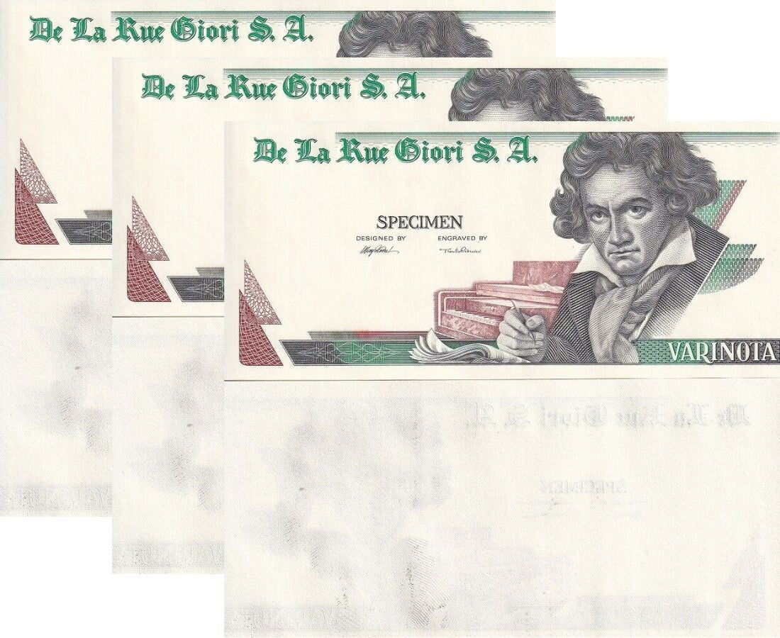 TEST NOTE SPECIMEN VARINOTA DE LA RUE BEETHOVEN Single-sided Green-Black LOT 3