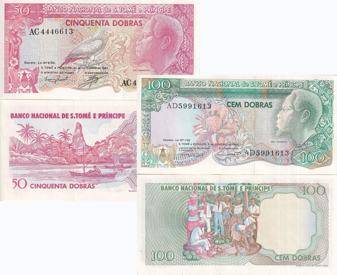 St. Thomas & Prince Set 2 PCS 50 100 Dobras 1982 1989 P 56 P 60 UNC