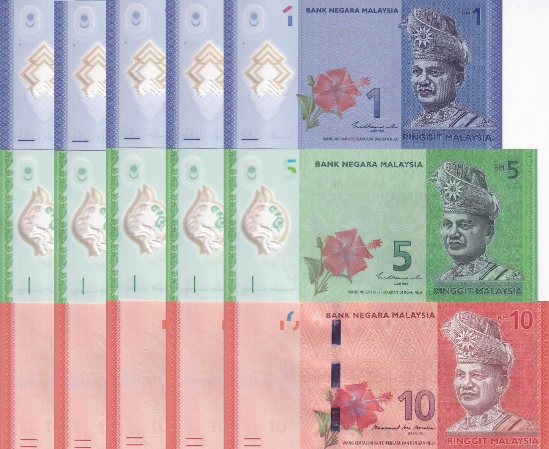 Malaysia Set 3 X LOT 5=15 UNC 1 5 10 Ringgit ND 2011 (2021) Random Sign P 51- 53