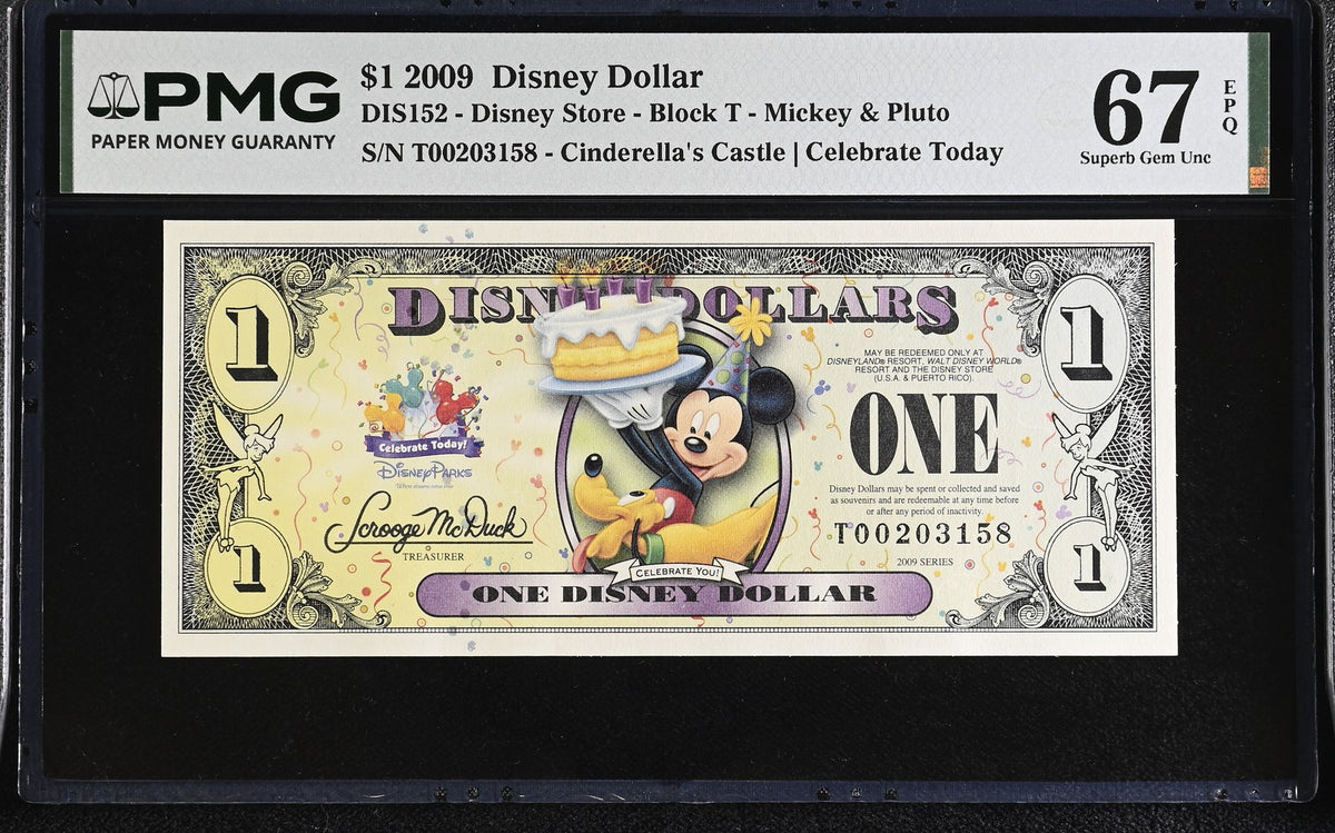 USA Disney 1 Dollar 2009 Mickey & Pluto Superb Gem UNC PMG 67 EPQ