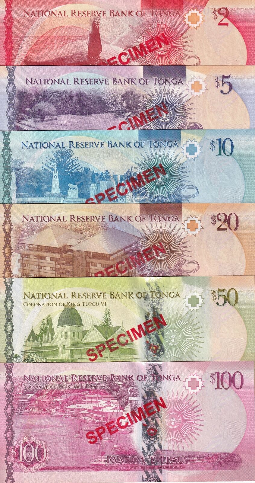 Tonga Set 6 UNC 2 5 10 20 50 100 Pa'anga ND 2015 P 44 45 46 47 48 49 SPECIMEN