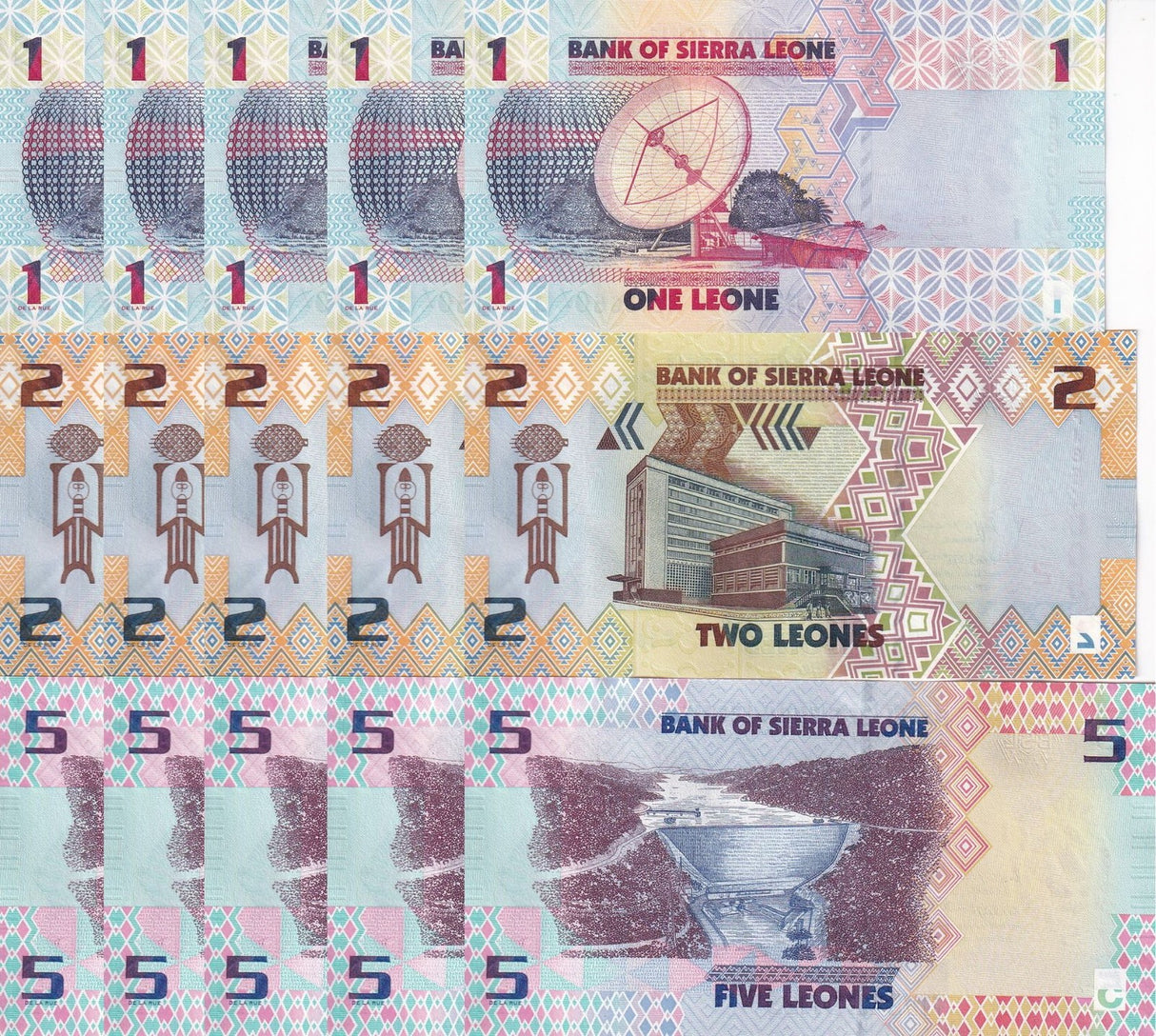 Sierra Leone Set 3 X LOT 5= 15 Pcs 1 2 5 Leones 2022 P 34 35 36 (CUT ZERO) UNC