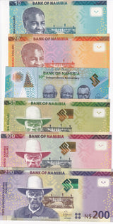 Namibia set 6 UNC 10 20 30 50 100 200 Dollars 2018-2021 P 13 14 15 16 17 18