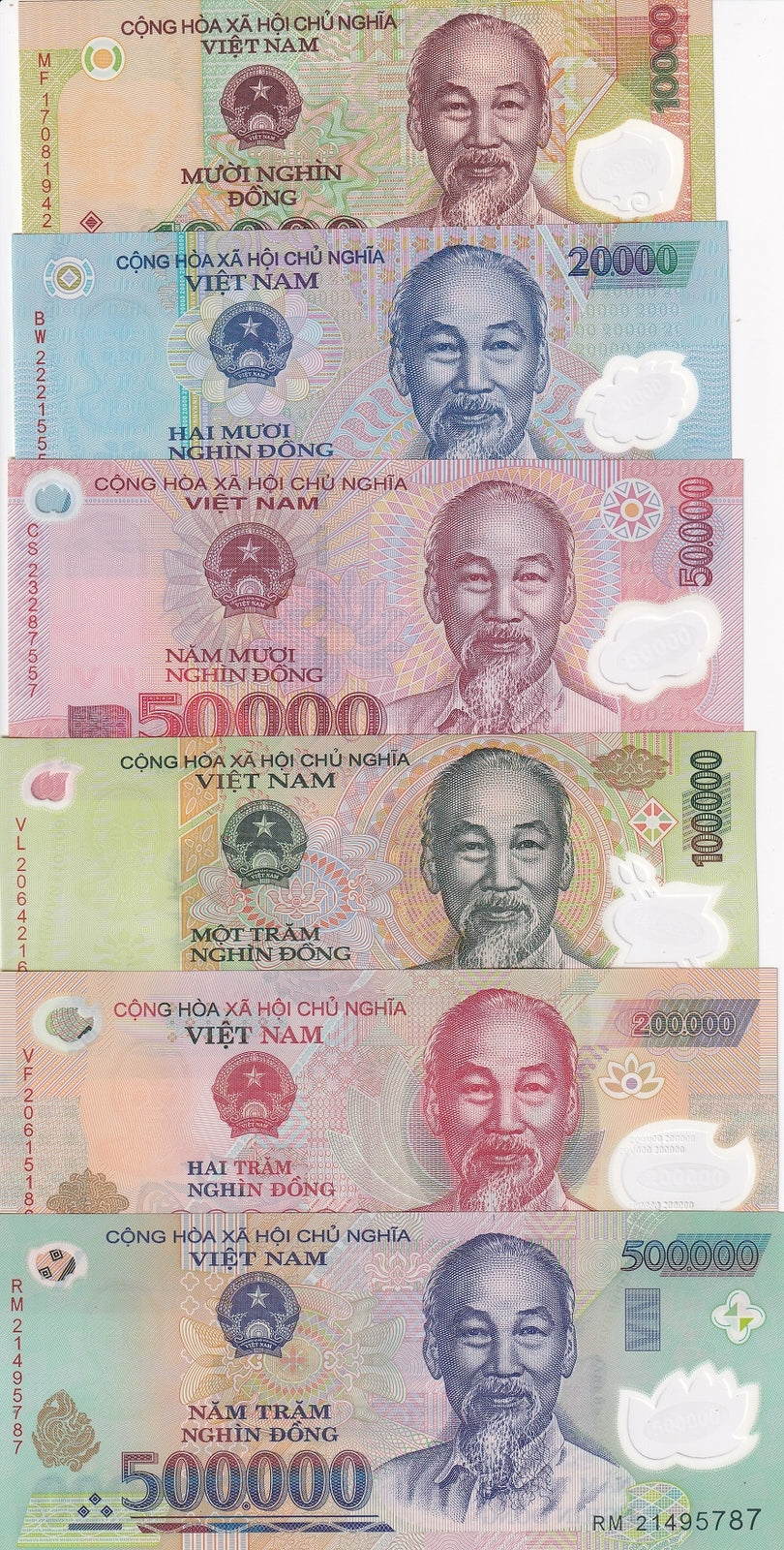 ベトナムドン　　６枚 Vietnam Set 6 UNC 10000 20000 50000 to 500000 Dong Mixed Year P