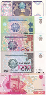 Uzbekistan Set 5 PCS 100 200 500 1000 2000 Som 1994-2021 P 79 80 81 82 87 UNC