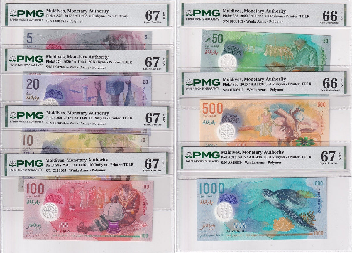 Maldives set 7; 5 -1000 Rufiyaa 2015-2022 P A26- 31 Gem UNC PMG 66 67 EPQ