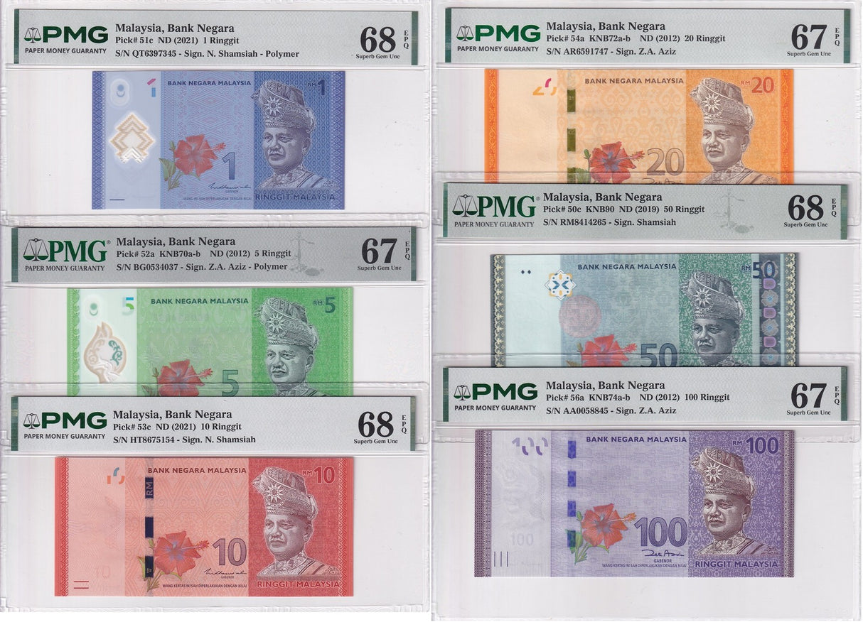 Malaysia Set 6; 1-50 100 Ringgit ND 2012 P 56 Superb Gem UNC PMG 67 68 EPQ
