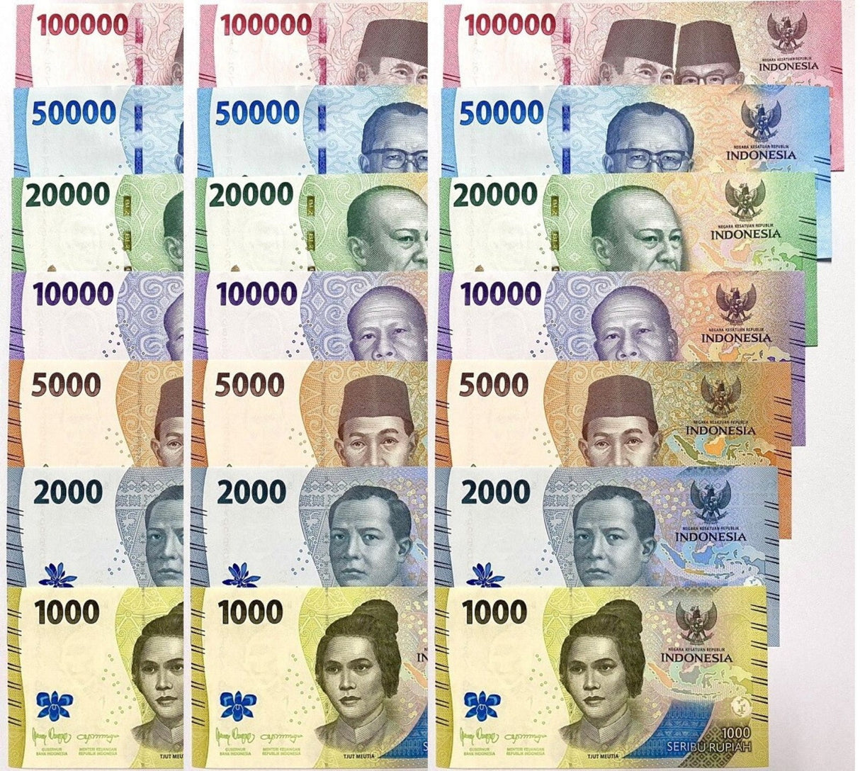 Indonesia Set 7 x LOT 3= 21 UNC 1K 2K 5000 - 100000 Rupiah P 162-168 2022 2024