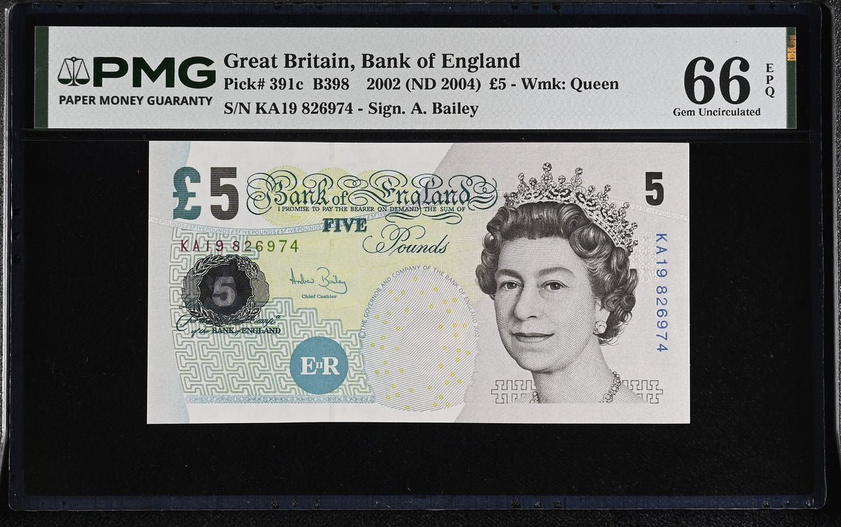 Great Britain 5 Pounds 2002 ND 2004 P 391 c Gem UNC PMG 66 EPQ