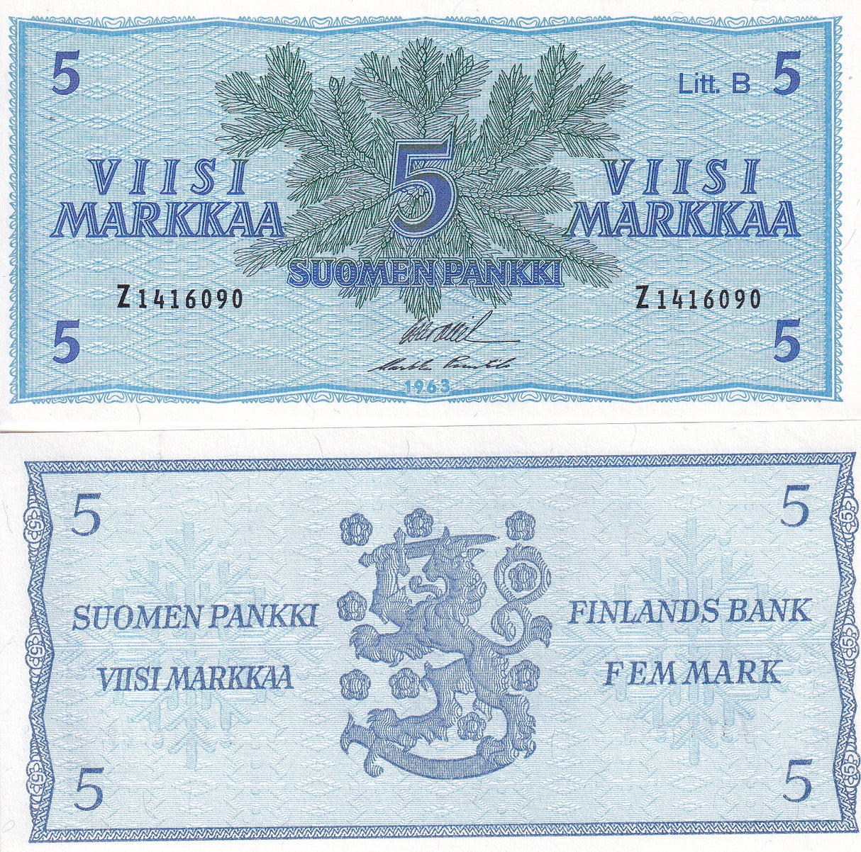 Finland 5 Markka 1963 P 106A Litt. B UNC