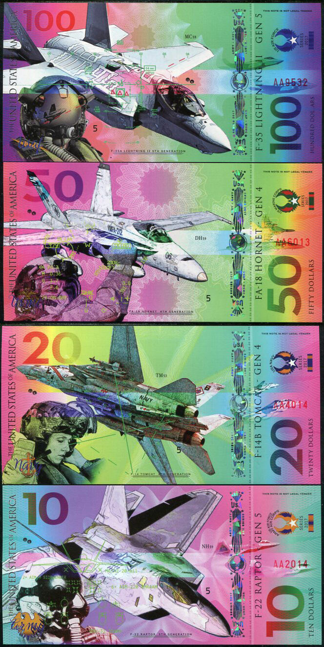 USA SET 4 PCS 10 20 50 100 DOLLARS F22 F14B FA-18F 35 FIGHTER JET POLYMER 2017