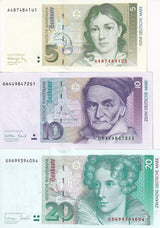 Germany Set 3 Pcs 5 10 20 Deutsche Mark 1991-1999 P 37 38 39 UNC
