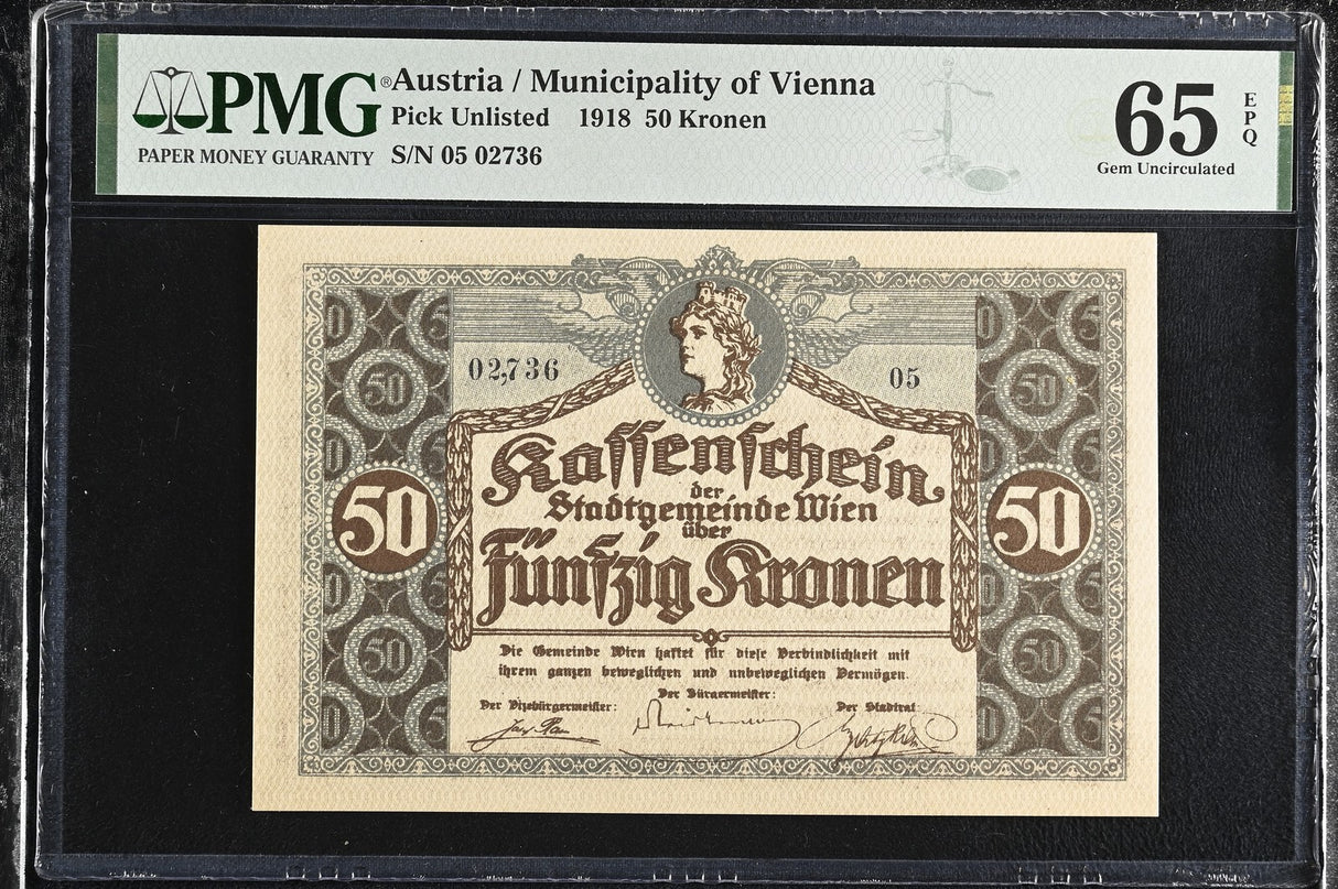 Austria 50 Kronen 1918 Municipality of Vienna Gem UNC PMG 65 EPQ