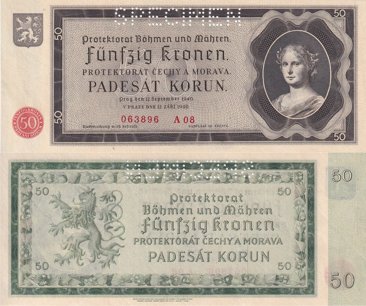 Bohemia & Moravia 50 Korun 1940 P 5 UNC