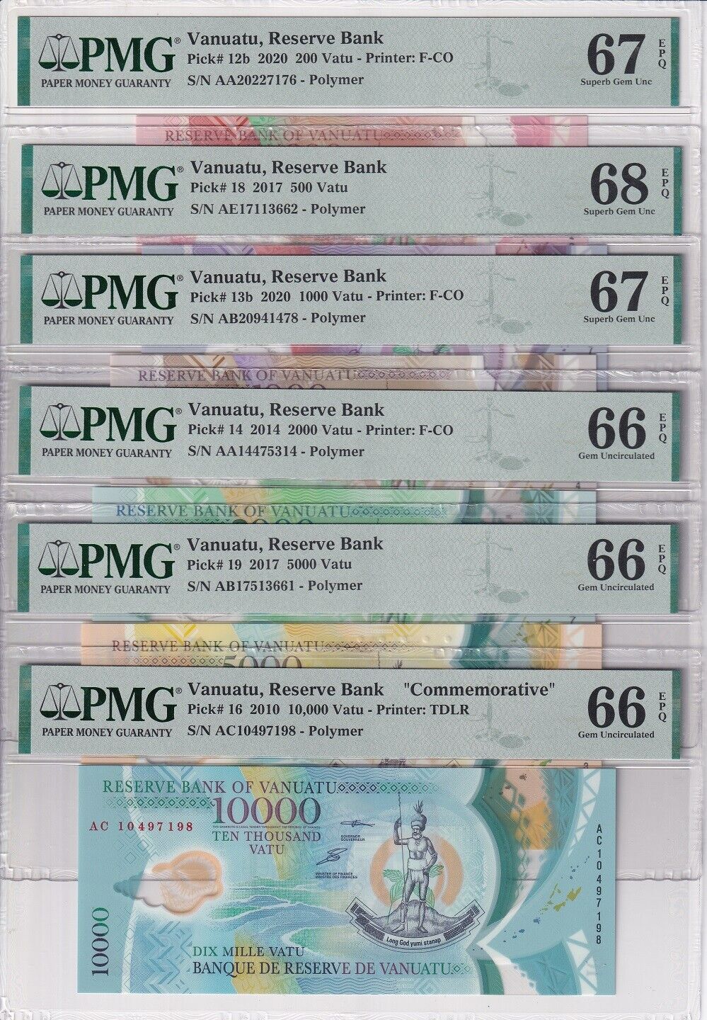 Vanuatu Set 6; 200 500-10k V. 2010-20 P 12- 16 18 19 Superb UNC PMG 66 67 68 EPQ