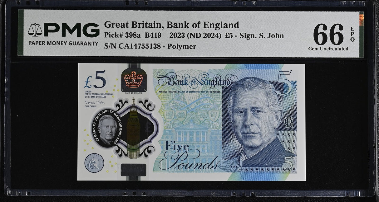 Great Britain 5 Pound 2023 ND 2024 P 398 a Gem UNC PMG 66 EPQ , Graded polymer