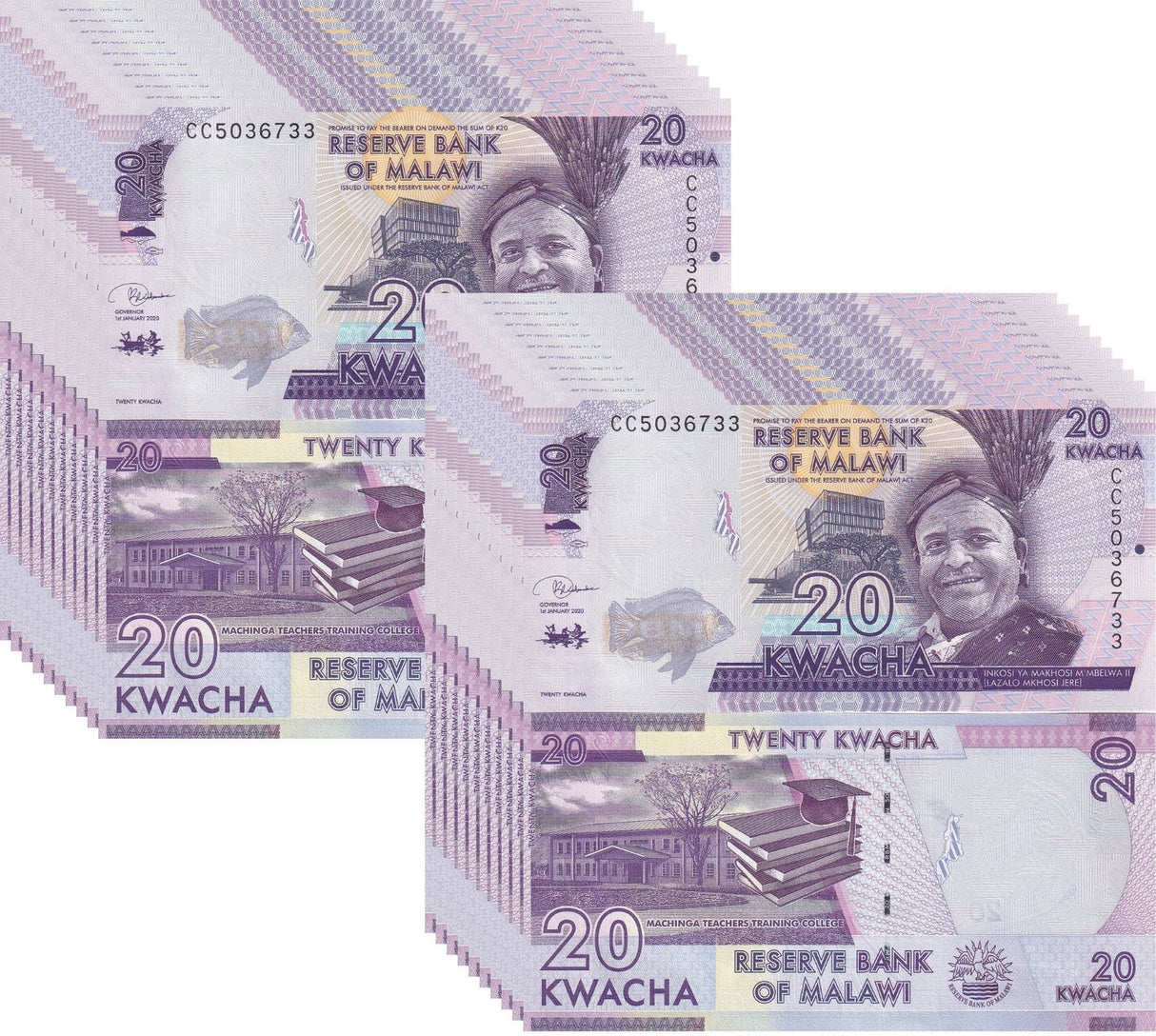 Malawi 20 Kwacha 2020 P 63 UNC LOT 20 PCS