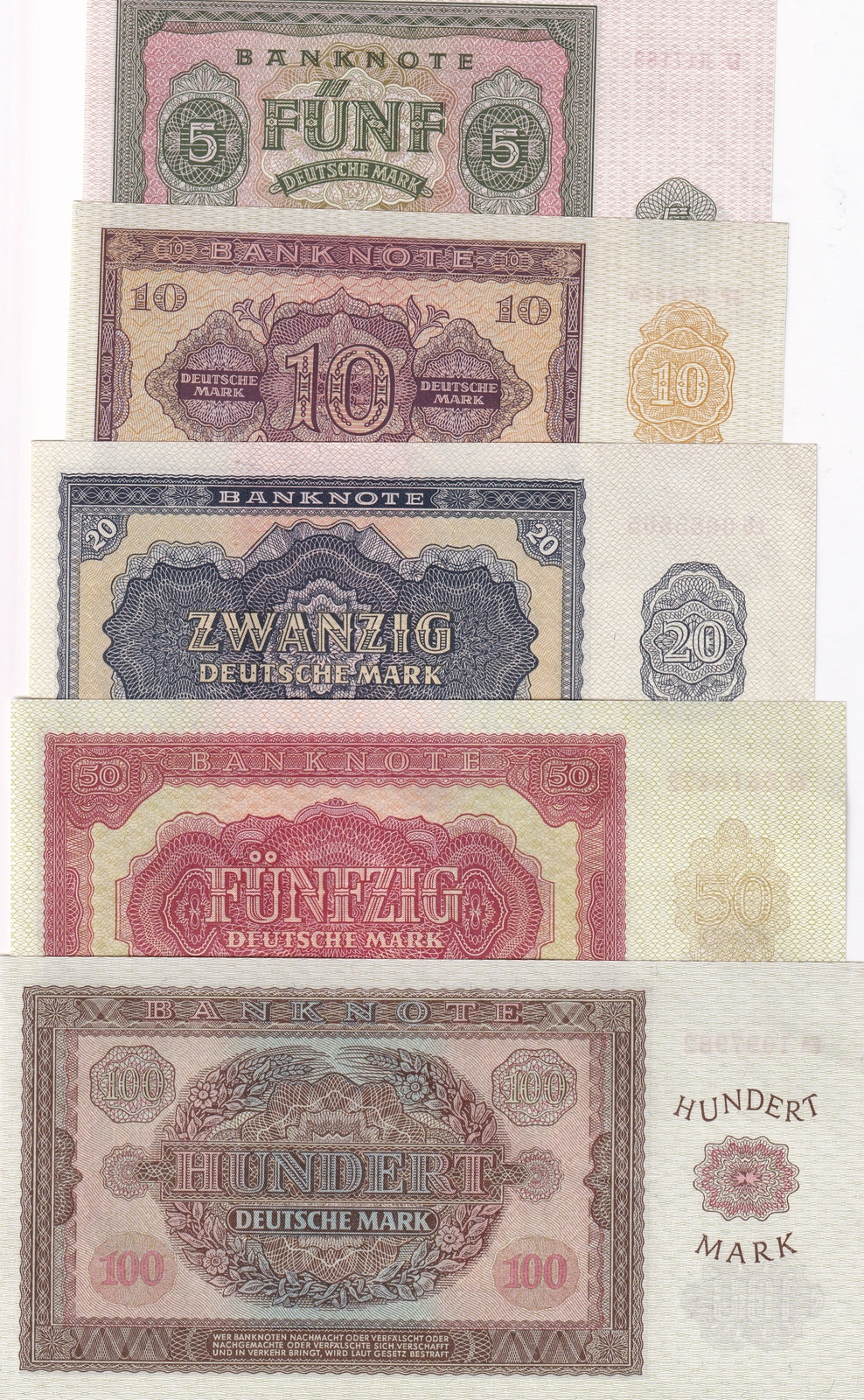 Germany DDR SET 5; 5 10 20 50 100 Deutsche Mark 1955 P 17 18 19 20 21 AUNC