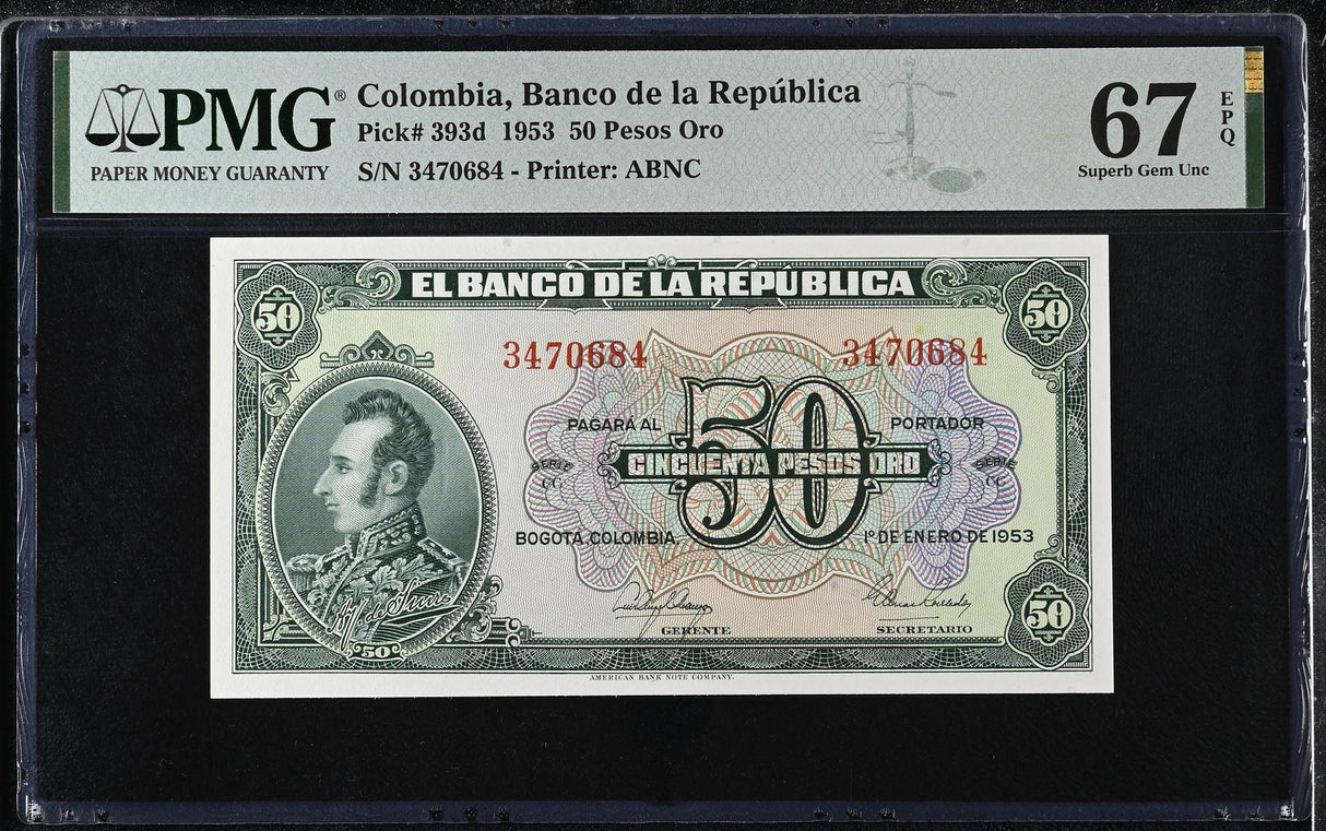 Colombia 50 Pesos Oro 1953 P 393 d Superb Gem UNC PMG 67 EPQ TOP POP