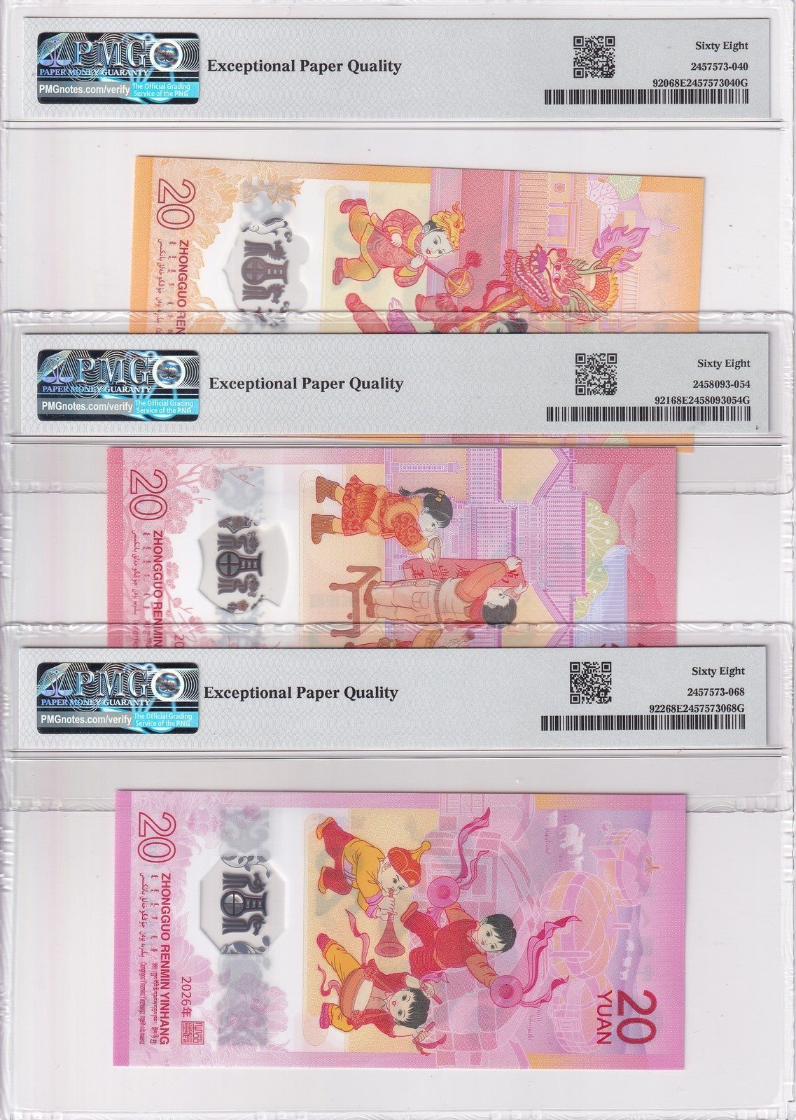 China Set 3;20 Yuan 2024 2025 2026 P 920-922 Polymer Superb Gem UNC PMG 68 EPQ