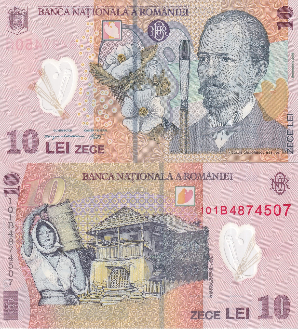 Romania 10 Lei 2008/2010 P 119 f Polymer UNC ,Nicolae Grigorescu, Peasant girl