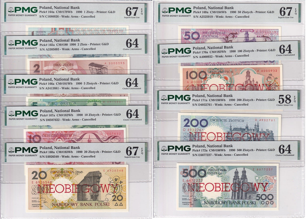 Poland Set 9 1-500 Zlotych 1990 P 164a-172 Cancelled Gem UNC PMG 58 64 67 EPQ