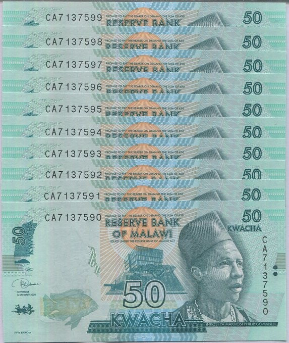 Malawi 50 Kwacha 2020 P 64 LOT 10 UNC, Elephant, Safari Jeep