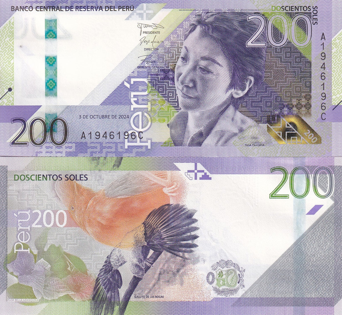 Peru 200 Soles 2024 ISSUED 2026 P 200 Gallito De las Rocas Bird UNC