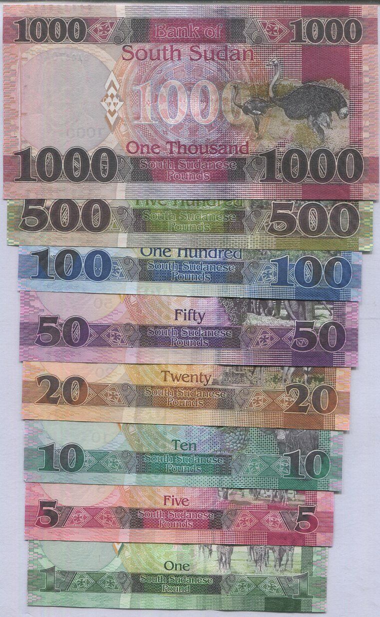 South Sudan Set 8 Pcs 1 5 10 20 50 100 500 1000 Pounds Random date P 6 - 13 UNC