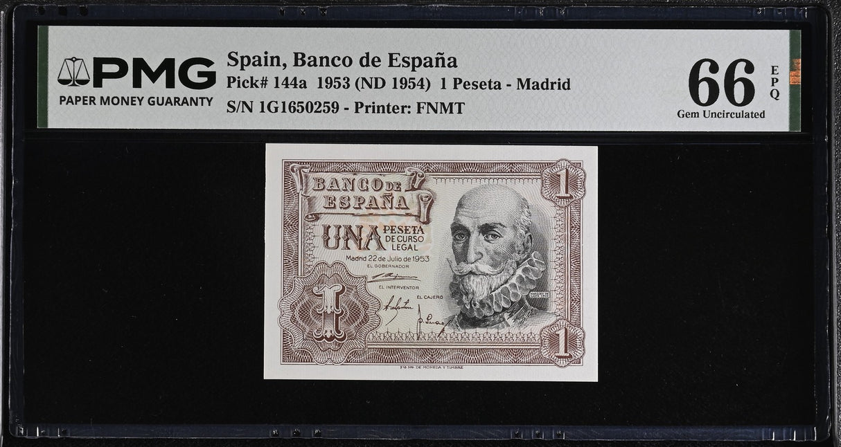 Spain 1 Pesetas 1953 ND 1954 P 144 a Gem UNC PMG 66 EPQ , Printer FNMT