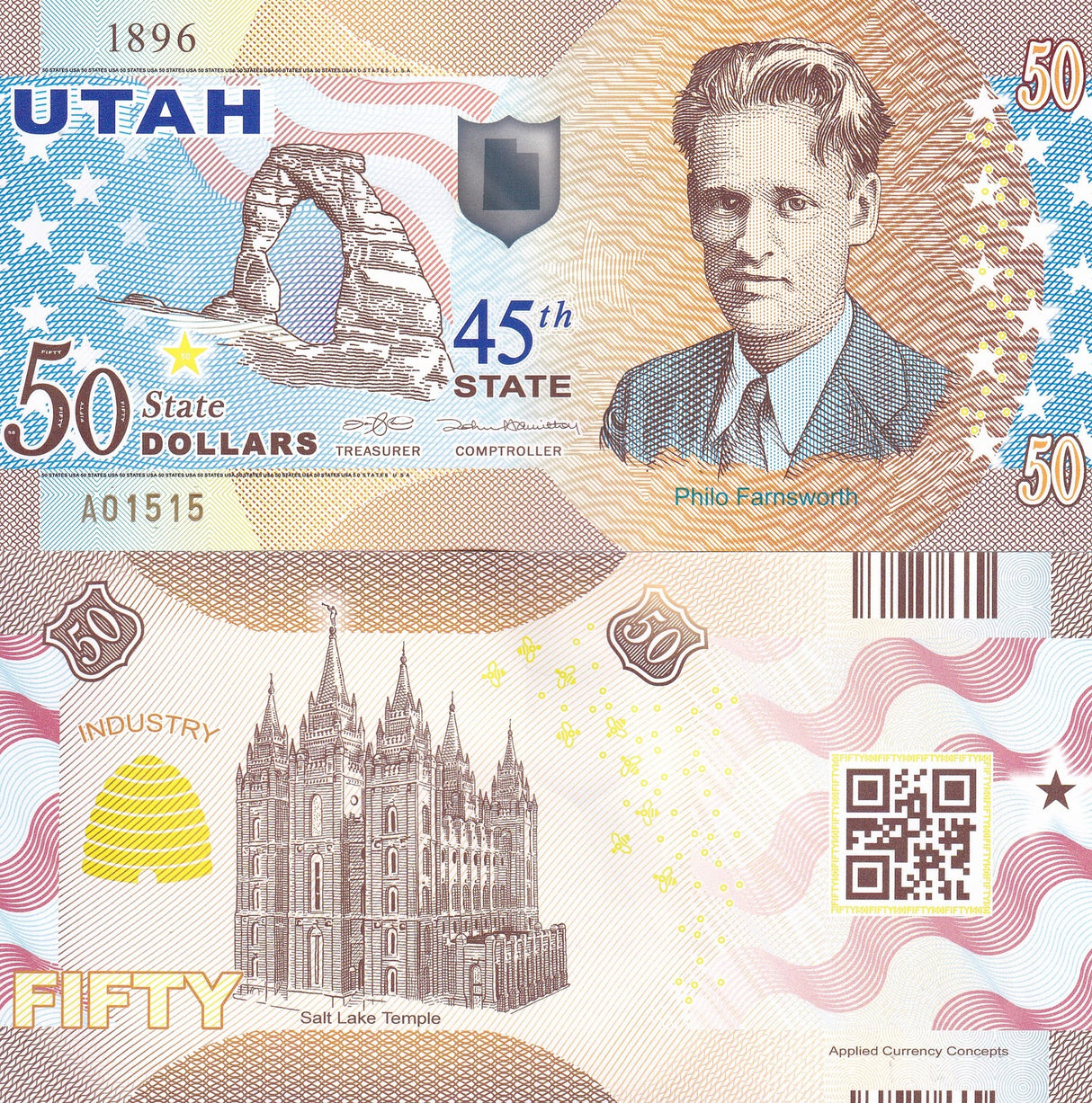 UNITED STATE USA. 50 Dollars 2020 POLYMER 45th Utah Philo Farnsworth