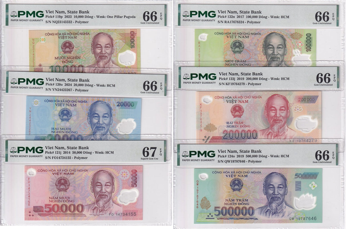 Vietnam Set 6;10000-500000 Dong 2014-24 P 119-P 124 Superb Gem UNC PMG 66 67 EPQ