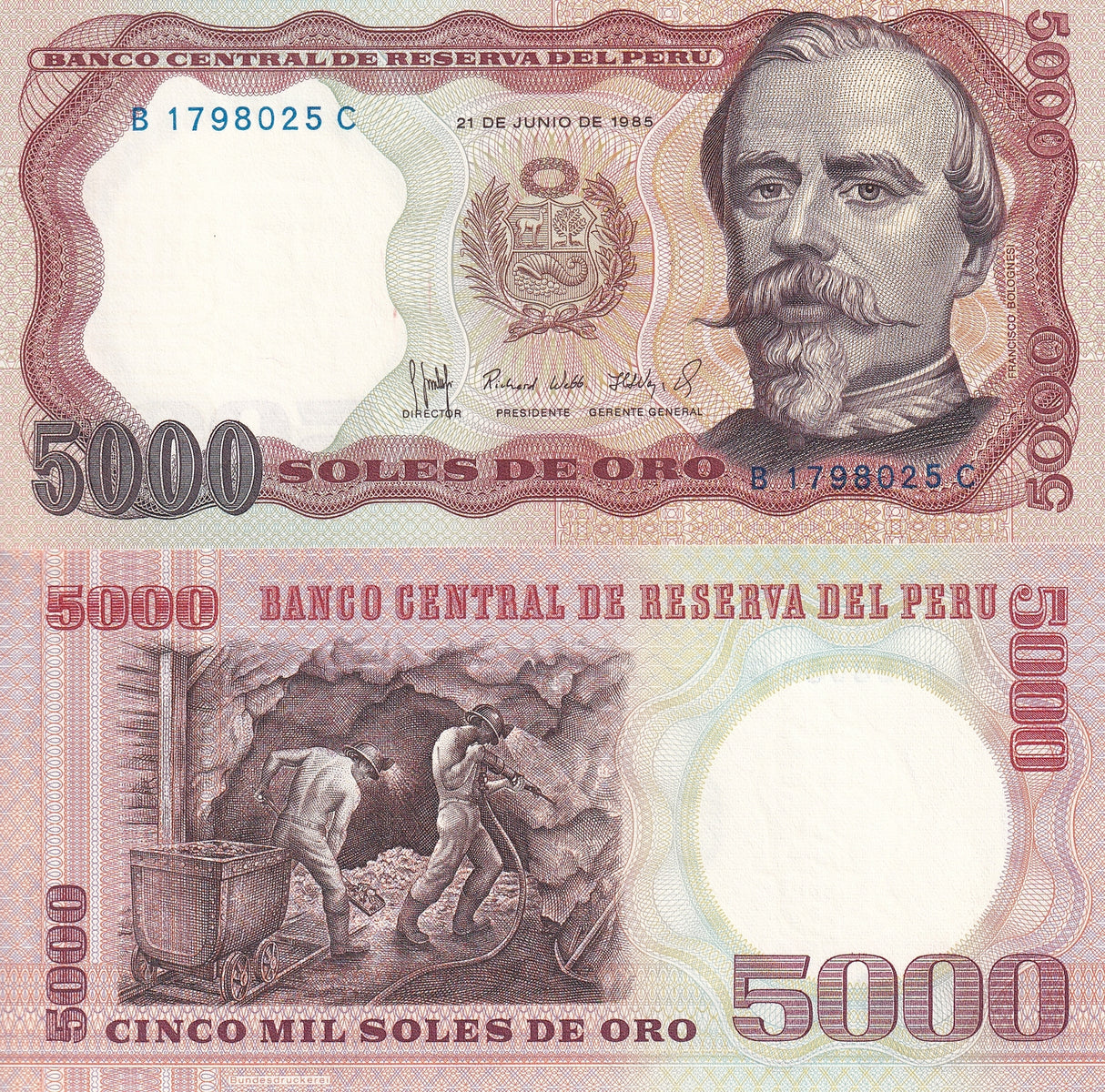 Peru 5000 Soles de Oro 1985 P 117 C UNC, Printer Bundesdruckerei