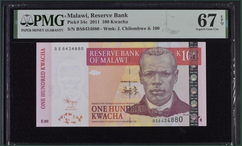 Malawi 100 Kwacha 2011 P 54 c Superb Gem UNC PMG 67 EPQ