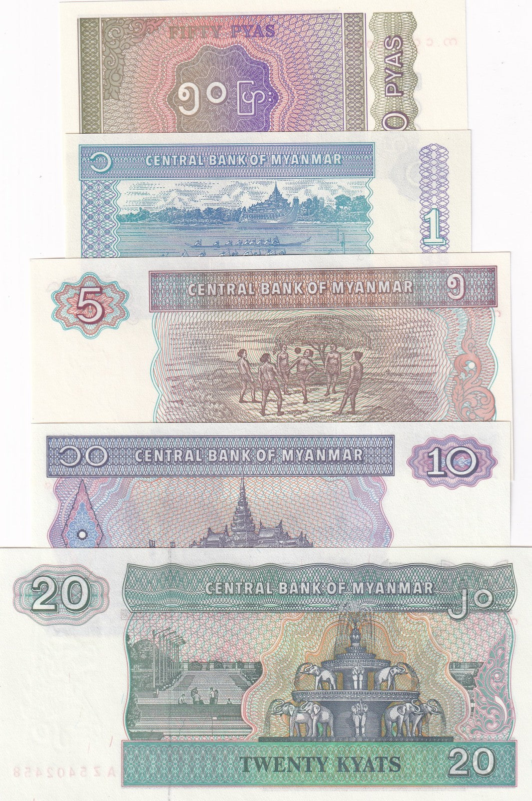 Burma Myanmar Set 5 UNC 50 Pyas 1 5 10 20 Kyats ND 1990 1998 P 68 69 70 71 72