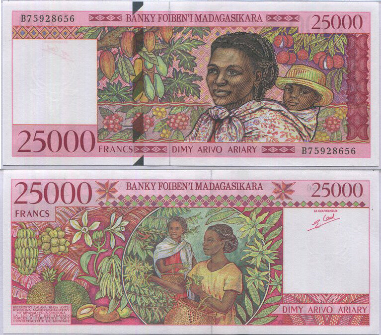 Madagascar 25000 Francs 1998 P 82 AUnc Women, tropical fruit