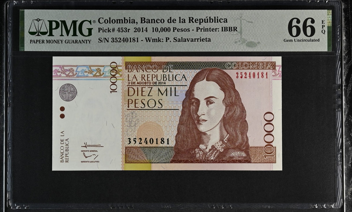 Colombia 10000 Pesos 2014 P 453 r Gem UNC PMG 66 EPQ