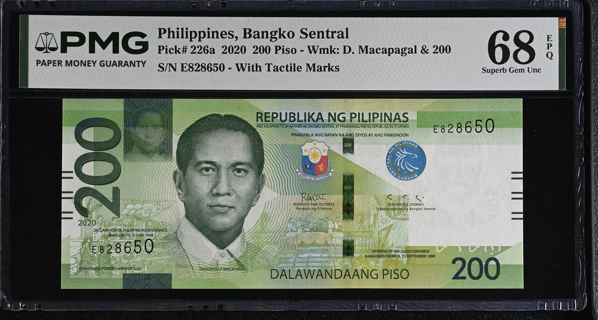 Philippines 200 Piso 2020 P 226 a Superb Gem UNC PMG 68 EPQ TOP POP