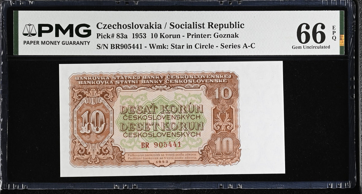 Czechoslovakia 10 Korun 1953 P 83 a Gem UNC PMG 66 EPQ
