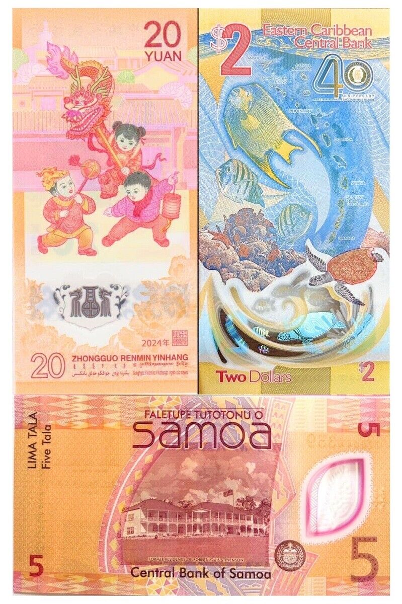 SET 3 UNC Polymer China 20 Yuan SAMOA 5 TL East Carribean 2 D 2024 P NEW COMM
